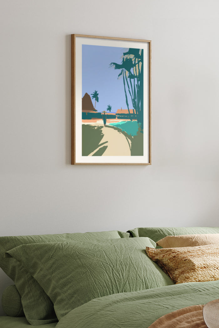 Poster of a stylized tropical beach scene in a bedroom setting for home decoration
