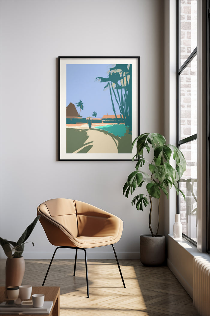 Vintage tropical beach poster in a chic room setting with modern furniture