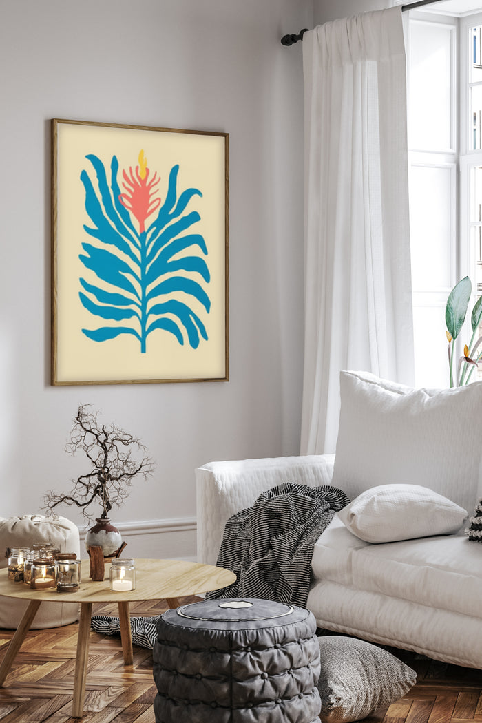 Abstract tropical leaf artwork in modern home interior decor setting