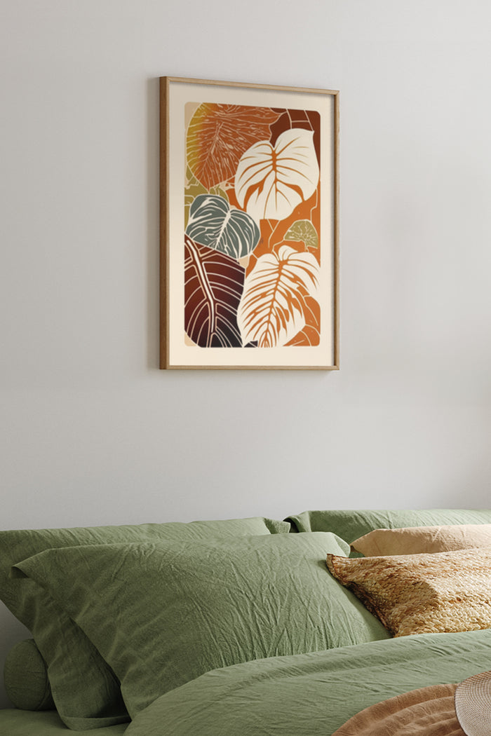Warm autumn palette tropical leaves poster in bedroom setting