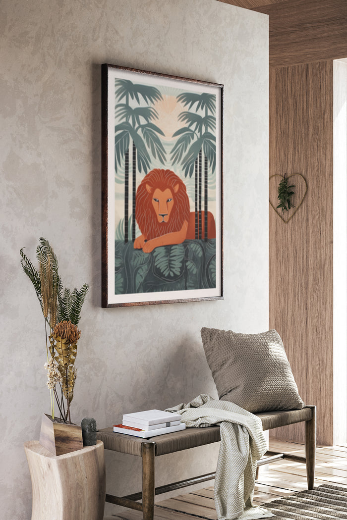 Stylish framed poster of a lion in tropical foliage displayed in a contemporary interior