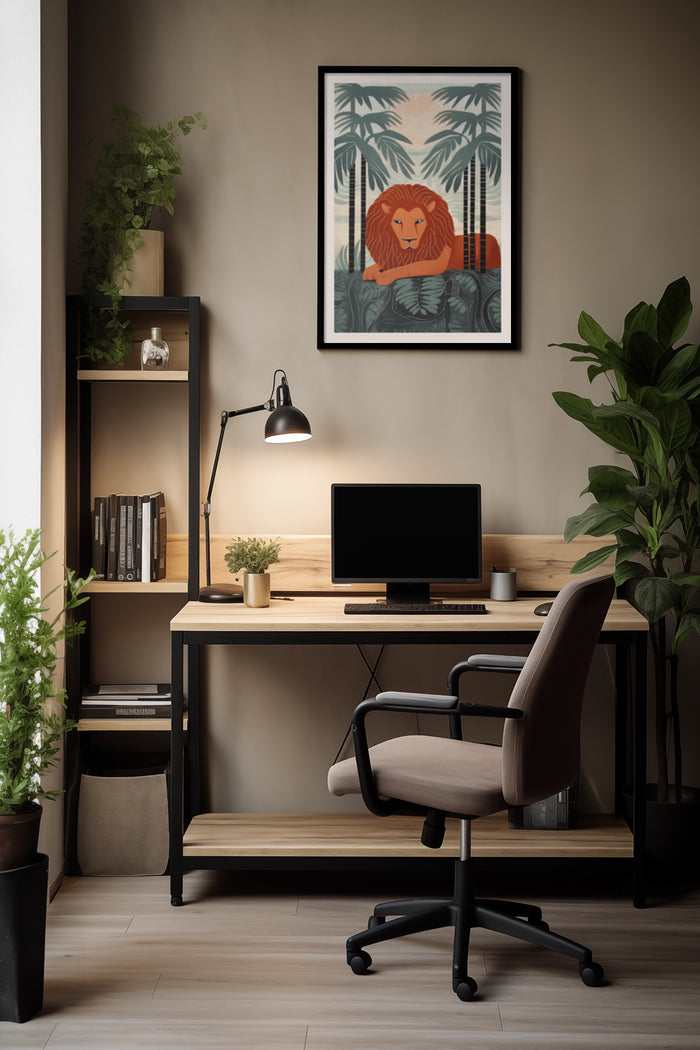 Stylish home office interior with tropical theme lion poster on the wall
