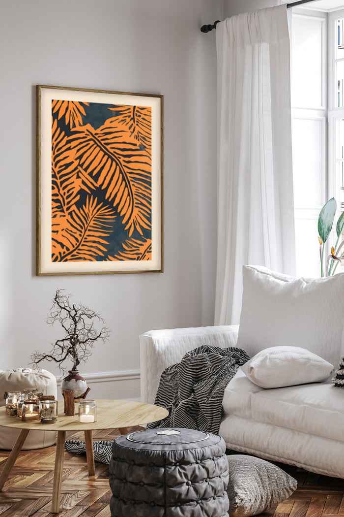 Tropical Palm Leaves Art Poster Displayed in Chic Living Room Decor