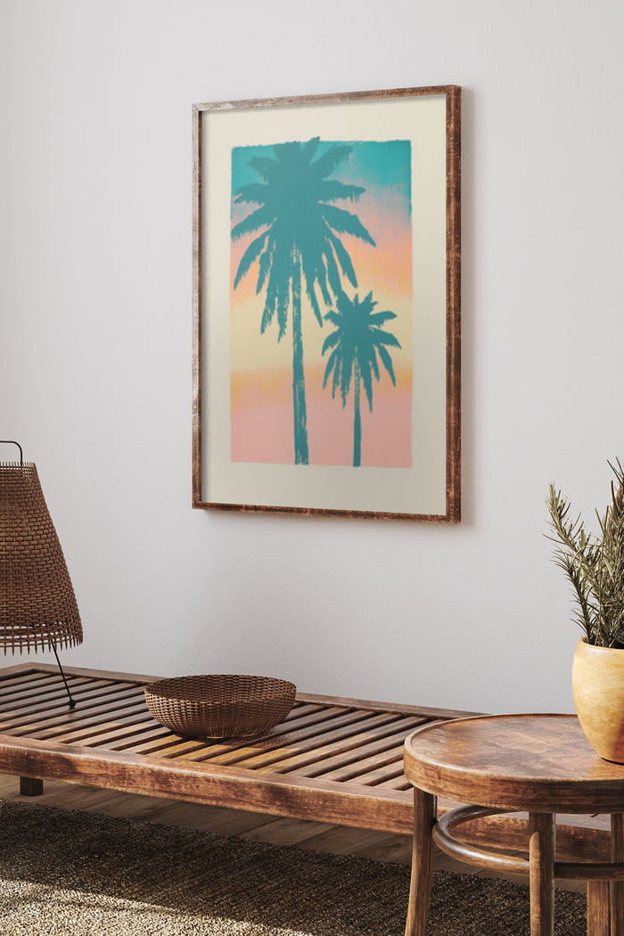 Tropical palm tree silhouette poster framed on a wall in a cozy interior setting with wooden furniture