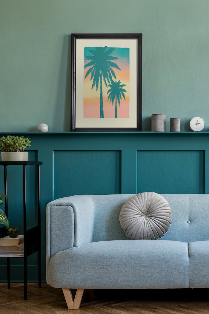Minimalist tropical palm tree poster in living room interior