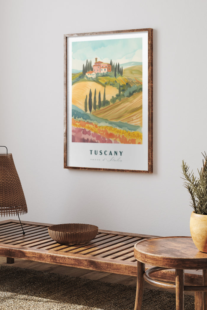Vintage Tuscany Italian Landscape Poster in a Cozy Interior Decor Setting