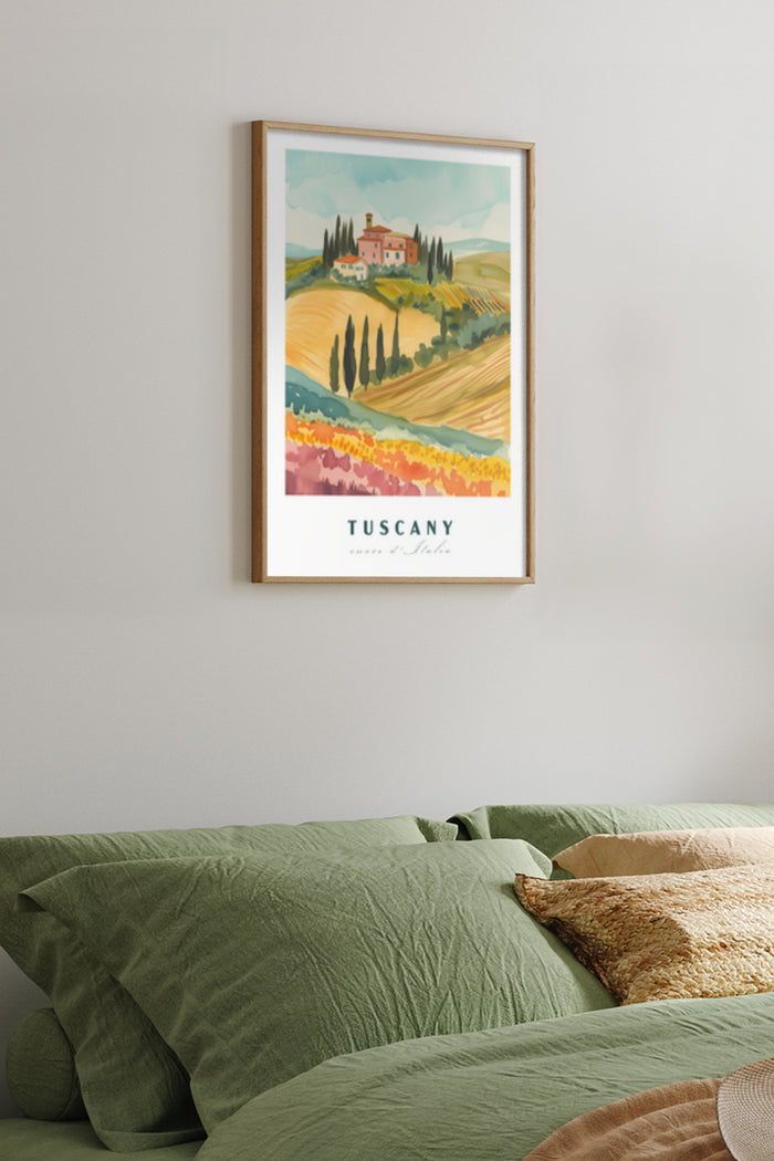 Tuscany landscape artwork poster on bedroom wall