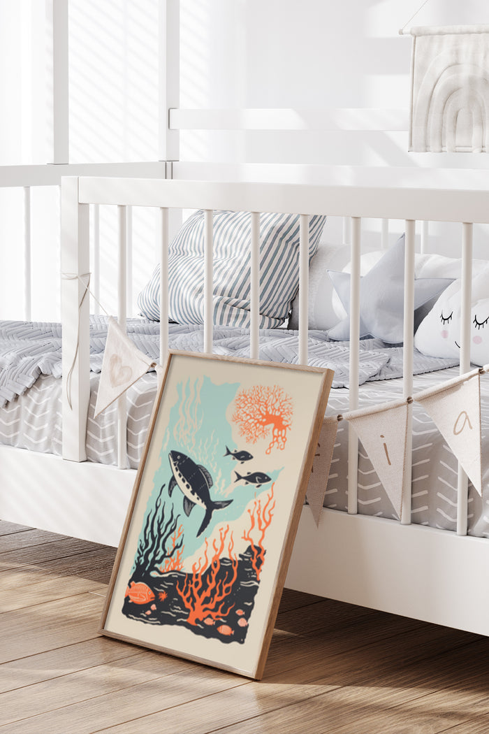 Stylized underwater sea life poster with fish and coral next to a child's bed