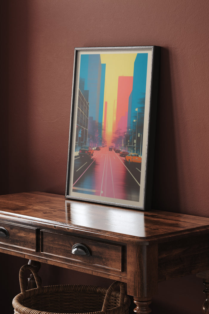 Framed poster of a cityscape at sunset with gradient sky on wooden console table