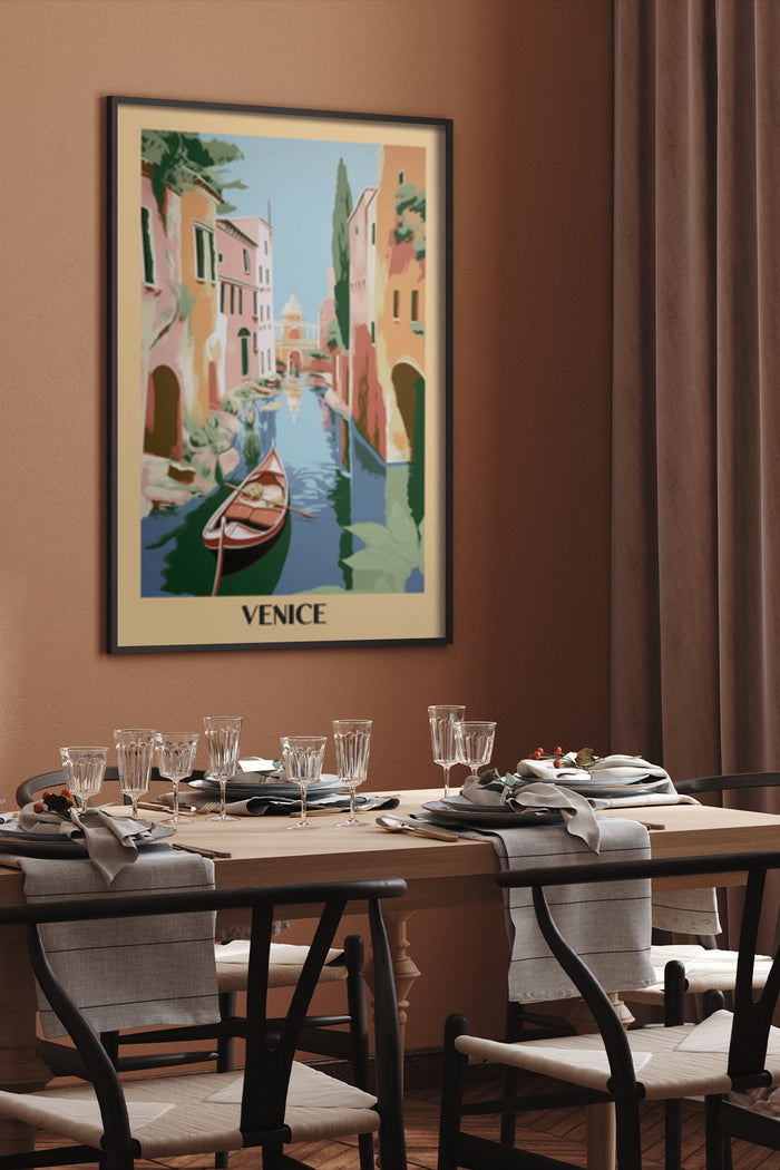 Vintage-style Venice travel poster showcasing a gondola on a serene canal between colorful buildings