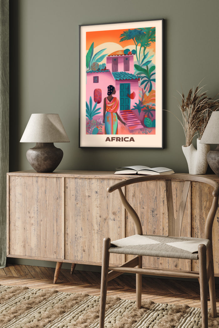 Colorful illustrated Africa travel poster with cultural and tropical elements in a stylish living room