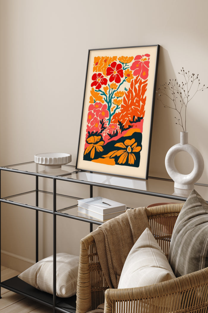 Vibrant orange and yellow floral art poster in a stylish modern living room