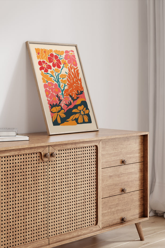 Colorful floral poster art displayed in a contemporary wooden sideboard setting