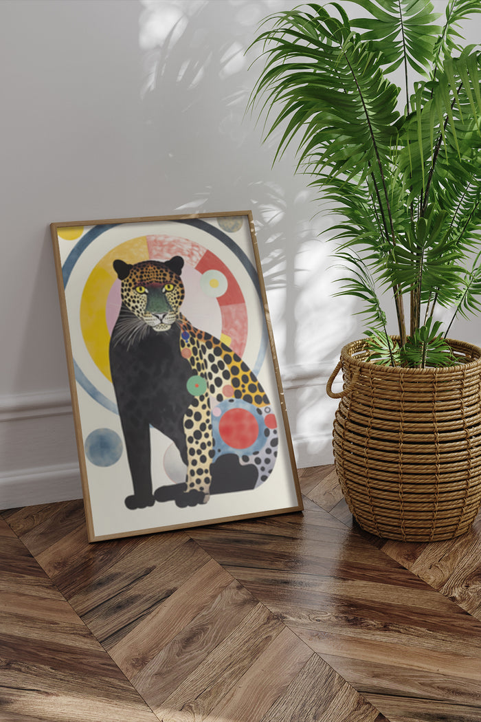 Modern vibrant leopard artwork poster with colorful abstract background design in a frame