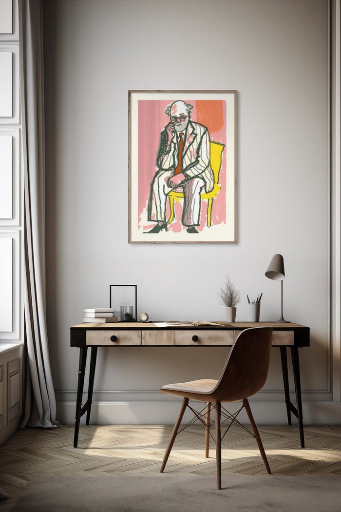 Vintage abstract figure painting in stylish minimalist interior design