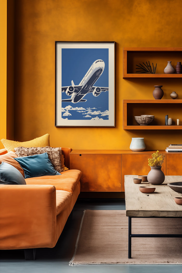 Vintage style poster of an airplane in flight in a contemporary living room with orange decor