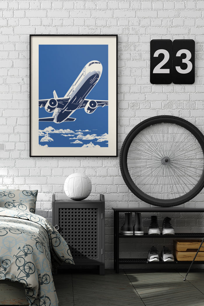 Vintage style poster of an airplane taking off framed on a bedroom wall