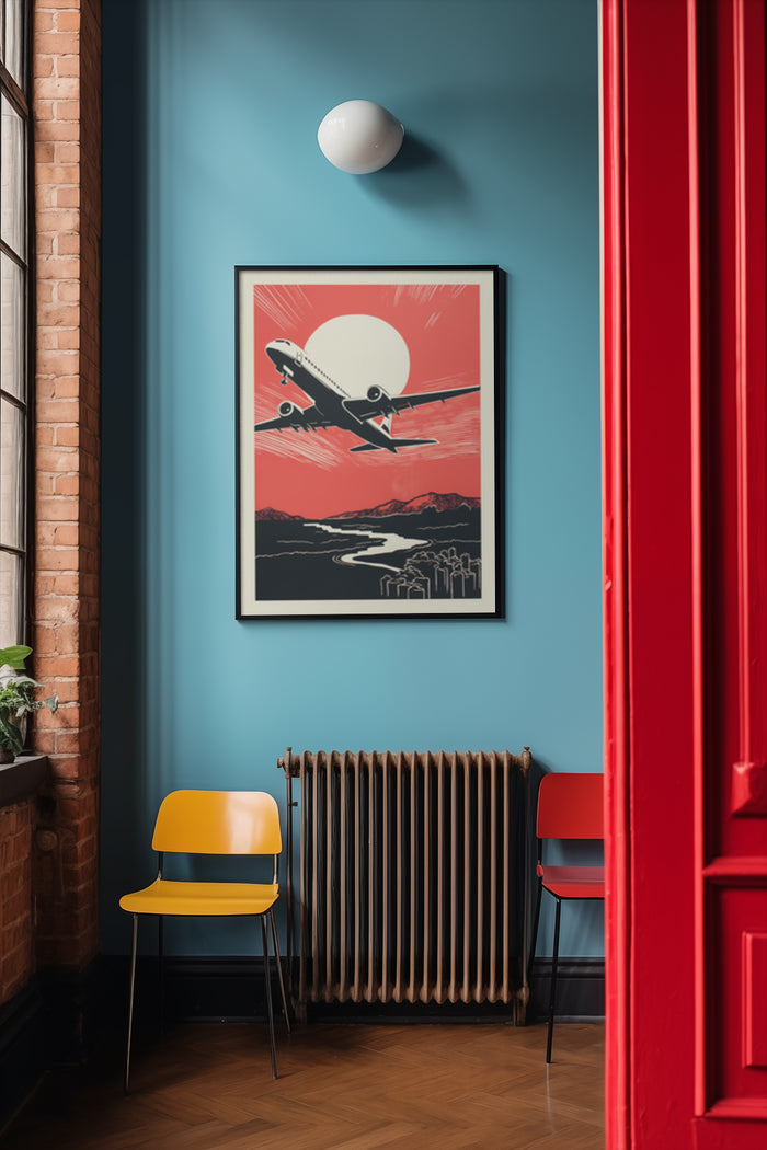 Vintage airplane poster in stylish interior with red and blue color scheme