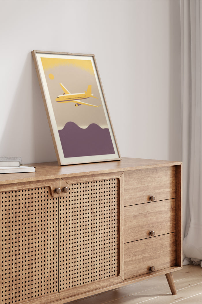 Vintage style airplane poster on wooden cabinet in a modern interior setting