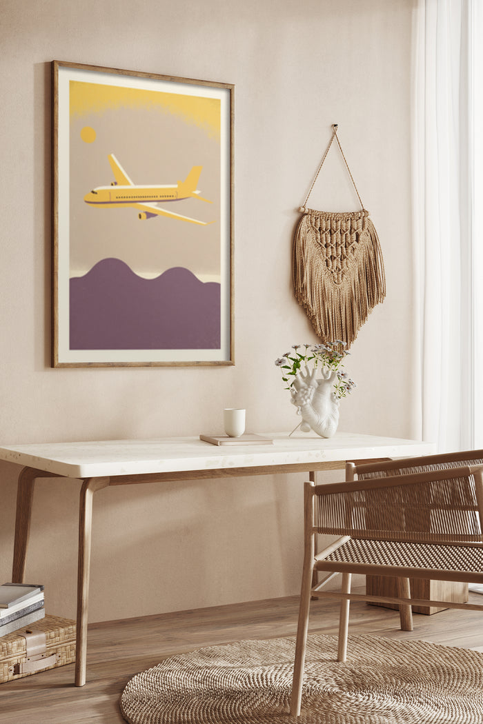Vintage airplane poster with minimalist design in stylish home decor setting