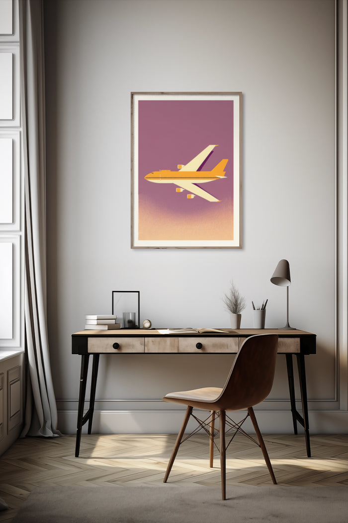 Vintage airplane travel poster in a modern minimalist interior setting