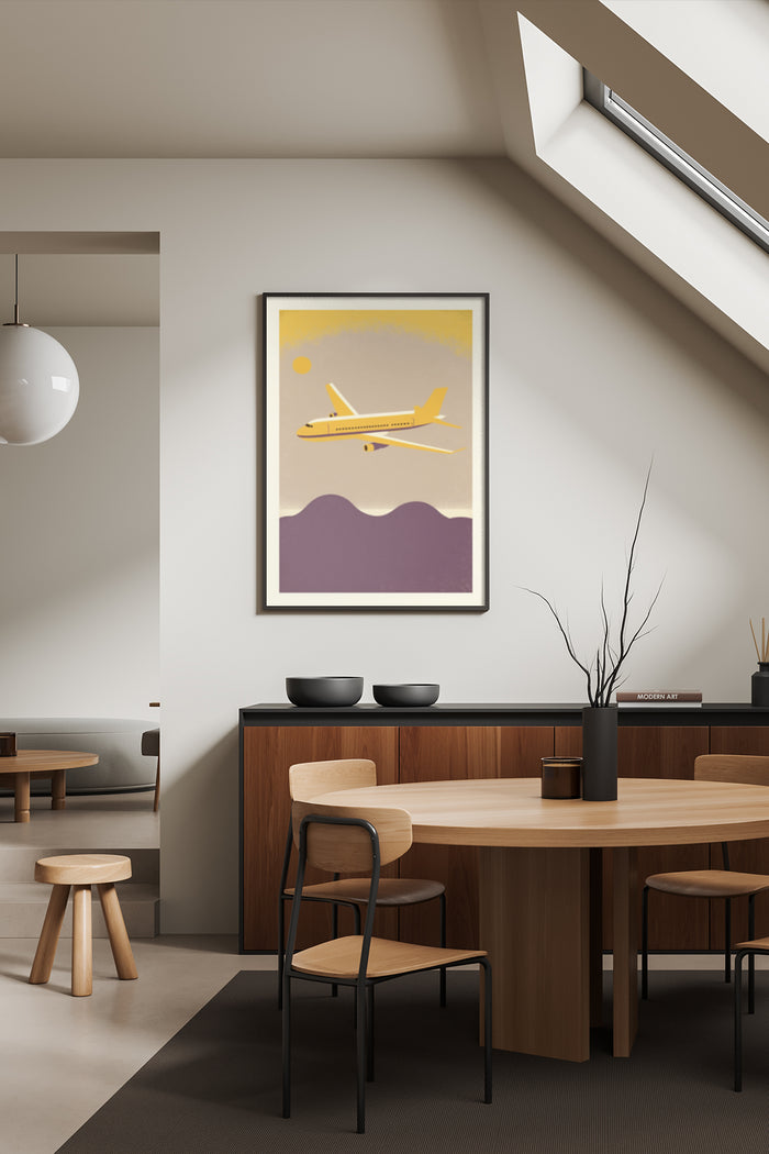 Vintage yellow airplane poster in a stylish dining room setting with modern wooden furniture and decor