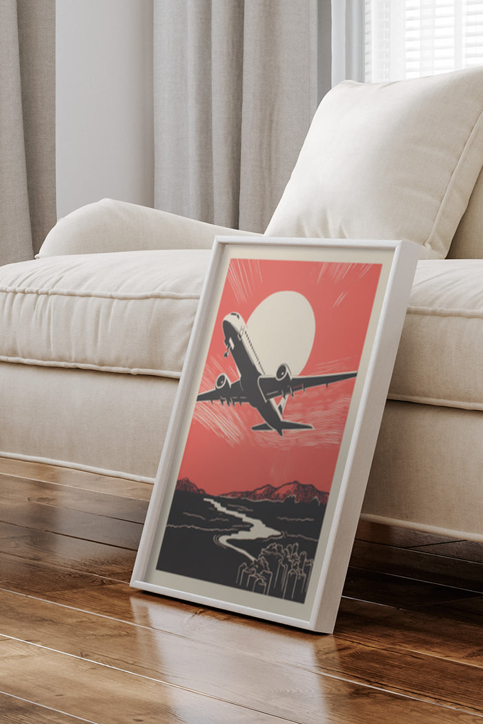 Vintage airplane poster with a red sunset background in a stylish home setting