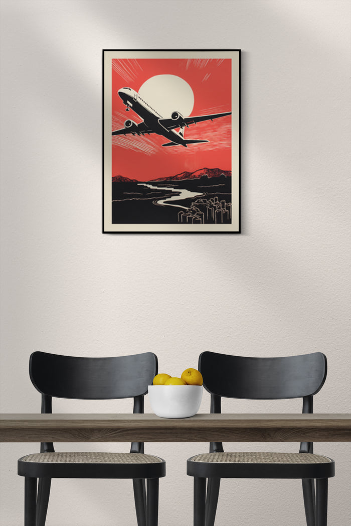 Vintage airplane travel poster with red sky and sunset landscape displayed on a wall