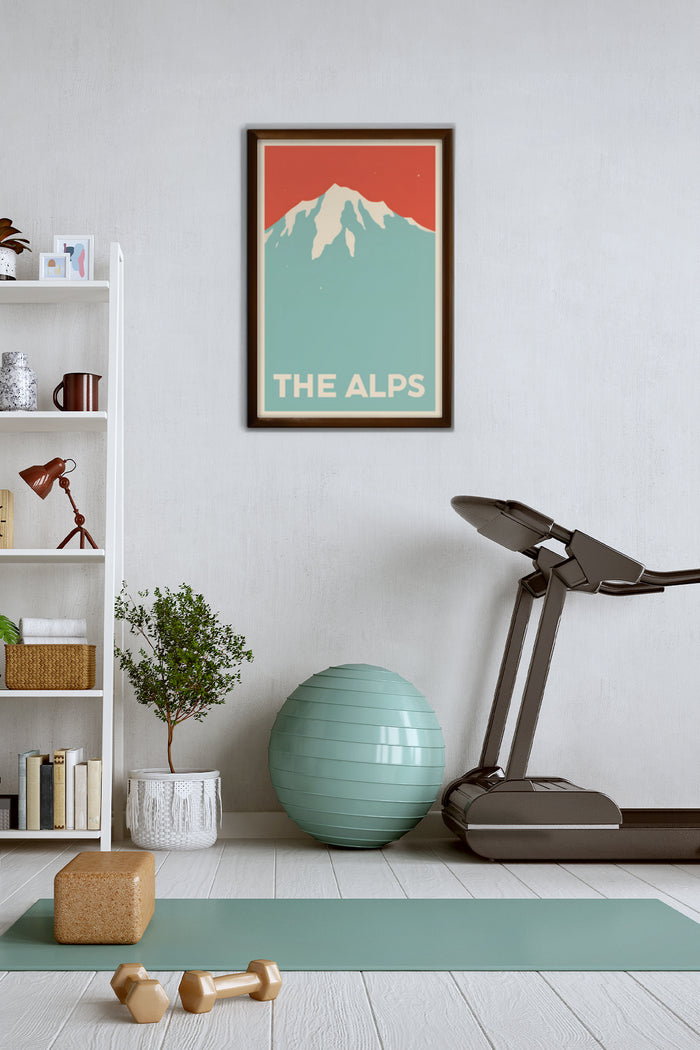 Vintage Travel Poster of The Alps in Stylish Home Interior with Fitness Equipment