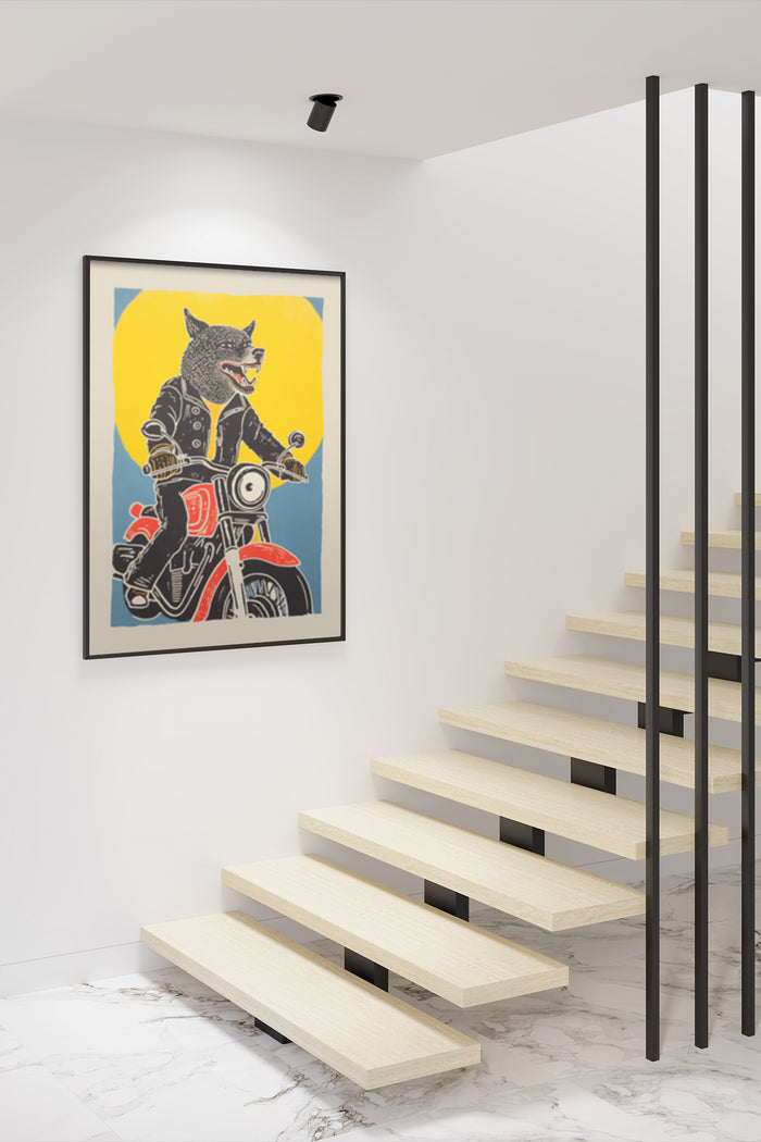 Vintage wolf riding motorcycle poster in a modern home interior