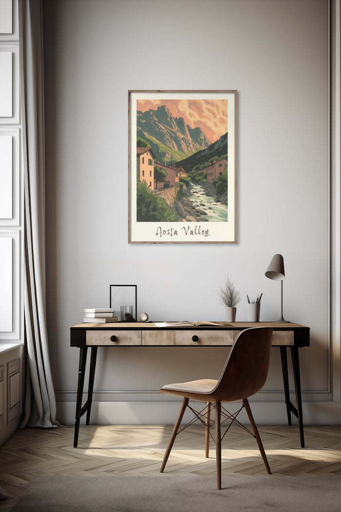 Vintage styled travel poster of Aosta Valley displayed in a modern home interior setting above a desk
