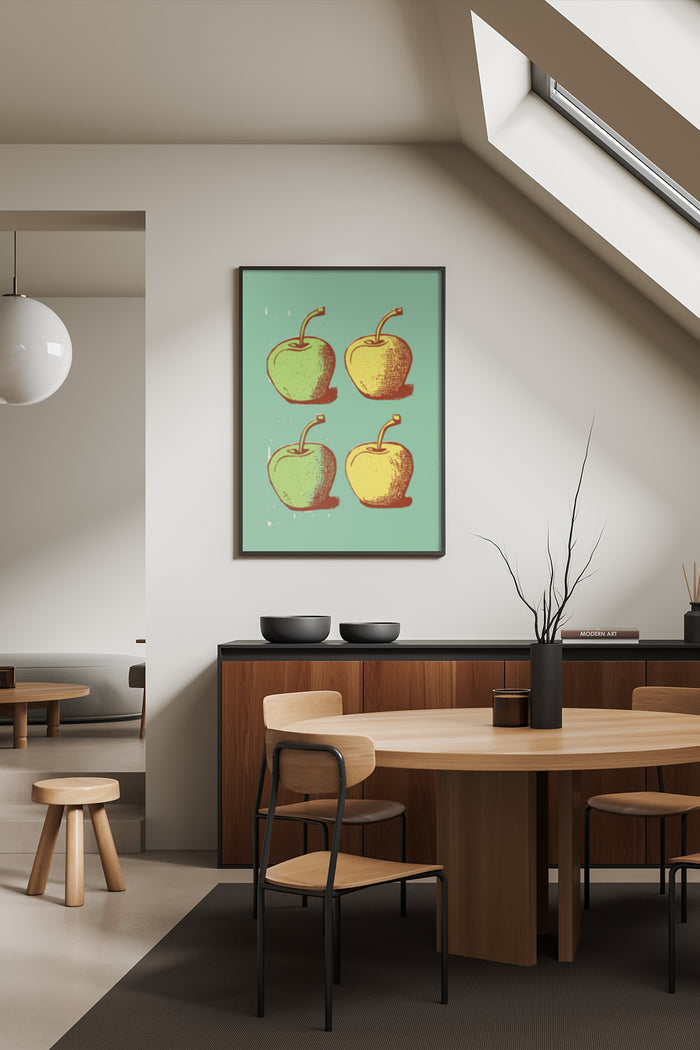 Stylish interior design with vintage apple illustration artwork poster