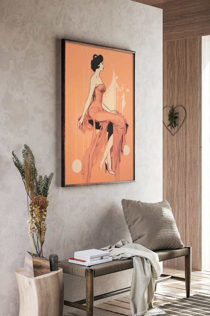 Vintage Art Deco style poster of an elegant woman seated on a chair in a modern interior setting