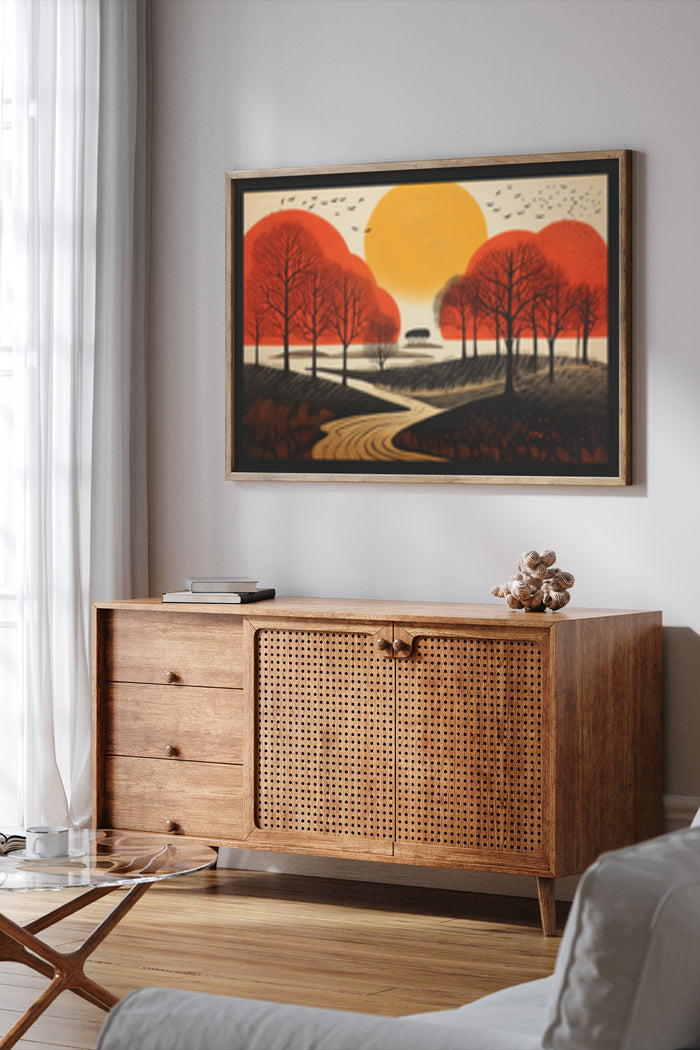 Vintage autumn landscape poster with red trees and large yellow sun, framed on a modern interior wall above a wooden sideboard