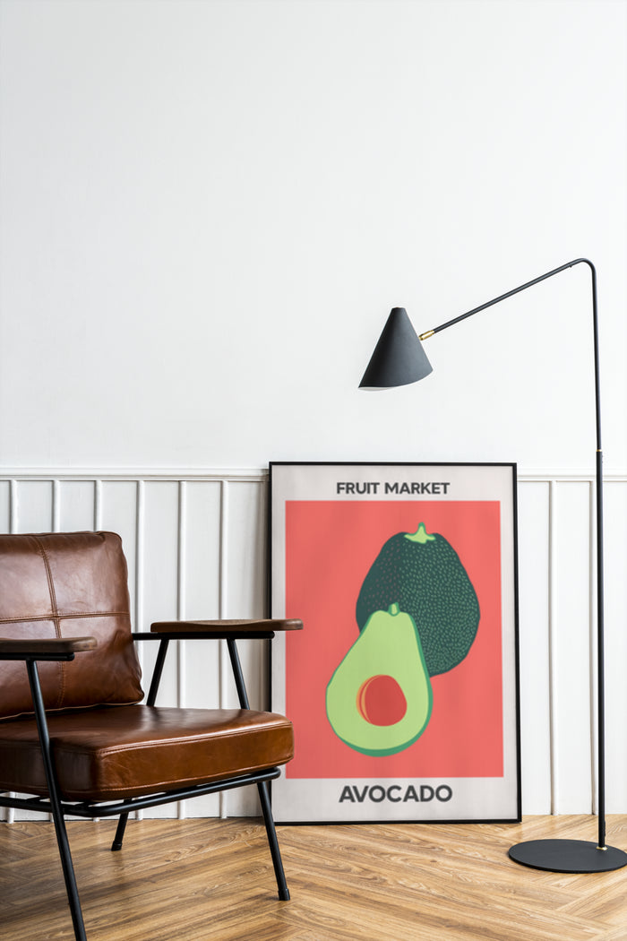 Stylish vintage avocado poster from Fruit Market series displayed in modern interior