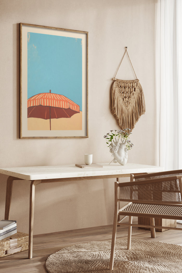 Vintage beach umbrella poster in a modern interior design setting with boho wall decor
