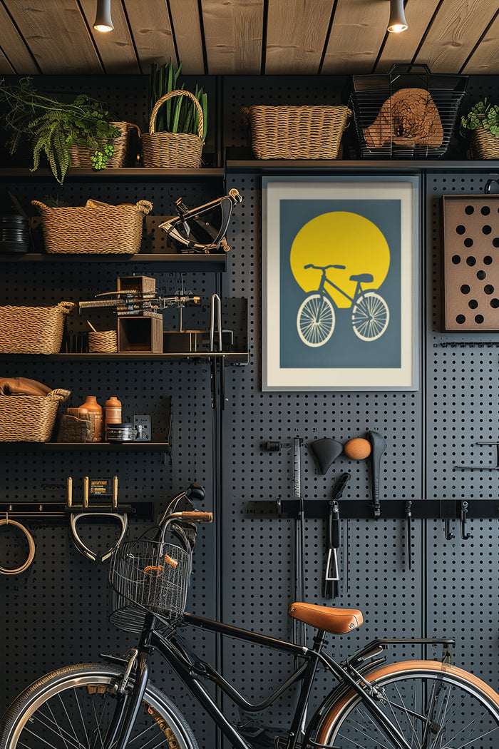Vintage yellow and blue bicycle poster in modern home interior with shelves and accessories