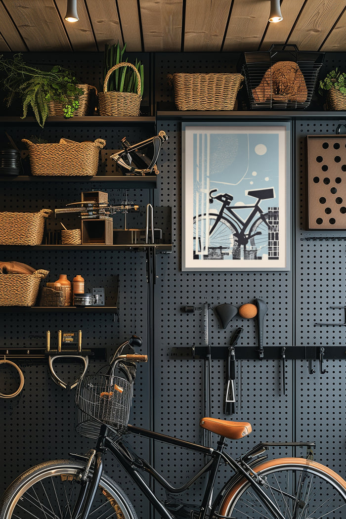 Stylish interior design with vintage bicycle artwork poster, basket bicycle, and decorative shelving