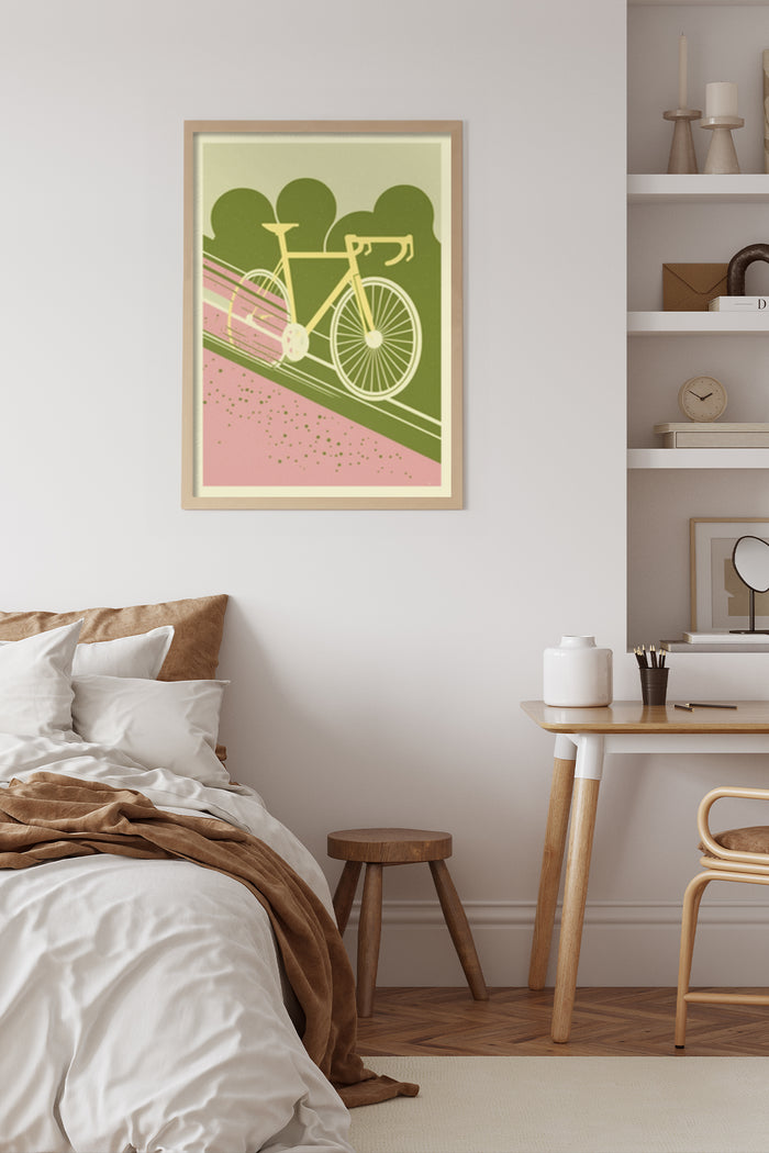 Vintage style bicycle artwork poster in a modern minimalist bedroom setting