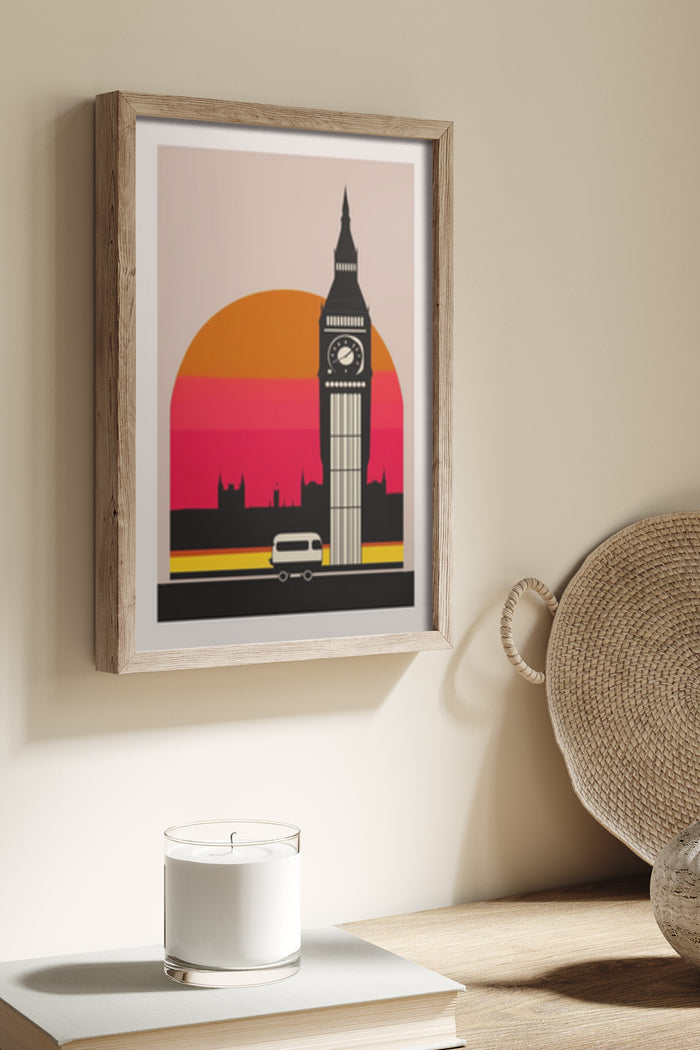 Vintage style poster art of Big Ben and London skyline at sunset
