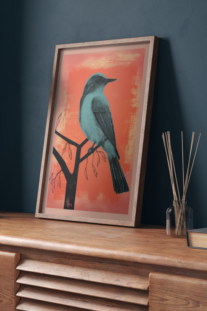 Vintage style artwork of a bird perched on a branch poster in a stylish interior setting