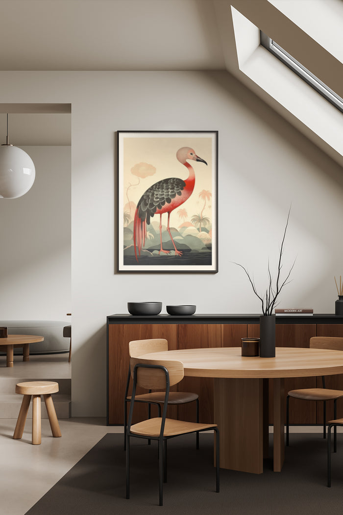 Vintage Bird Illustration Poster in Modern Dining Room Setting