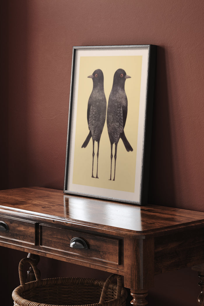 Vintage bird illustration poster on wooden console table in interior setting