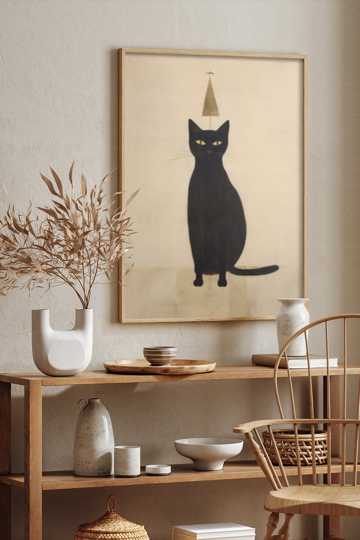 Vintage black cat poster with minimalist art style in home decor setting