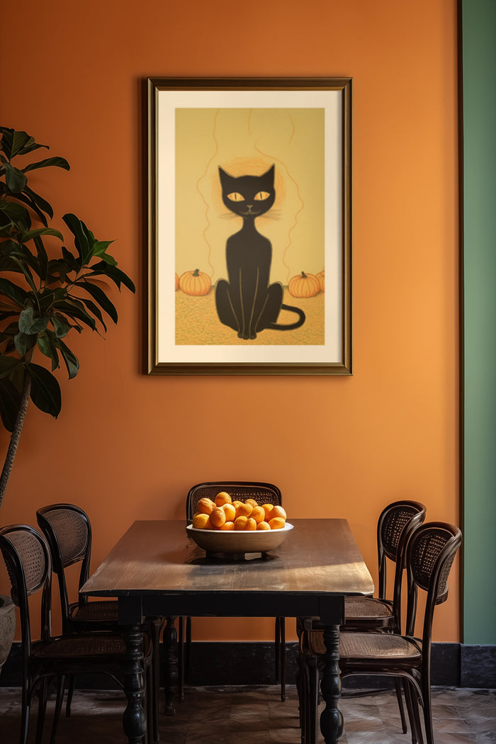 Vintage style poster of a black cat with pumpkins in a stylish dining room with a bowl of oranges