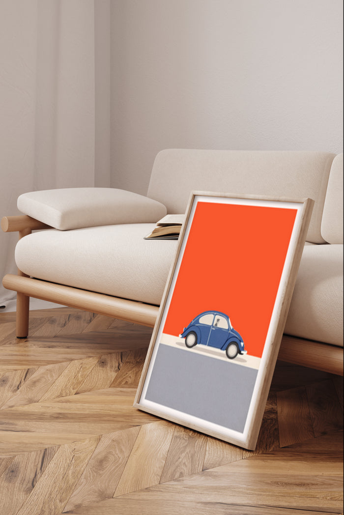 Minimalist vintage blue car poster in modern interior setting