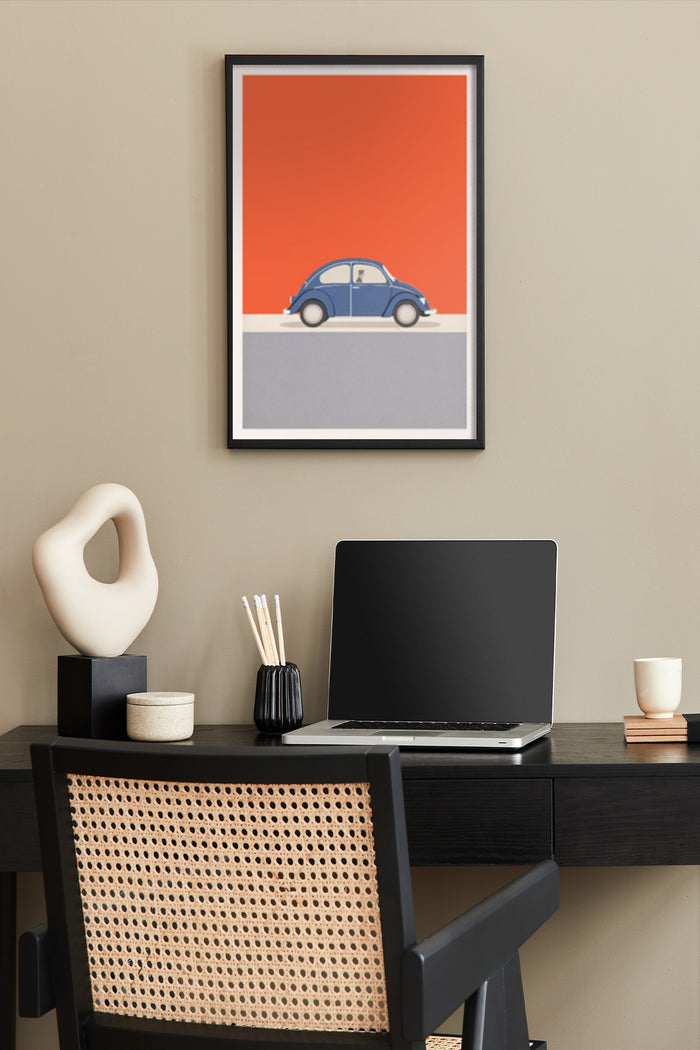 Minimalist vintage blue car poster on a home office wall