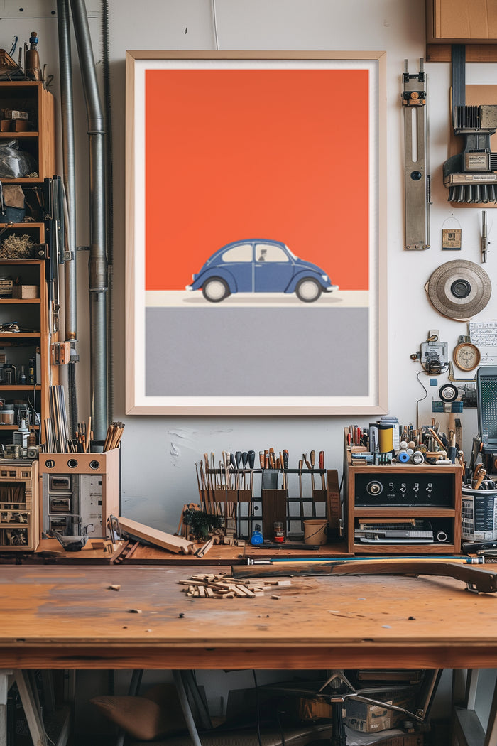 minimalist-vintage-blue-car-poster-hung-in-creative-workshop-space