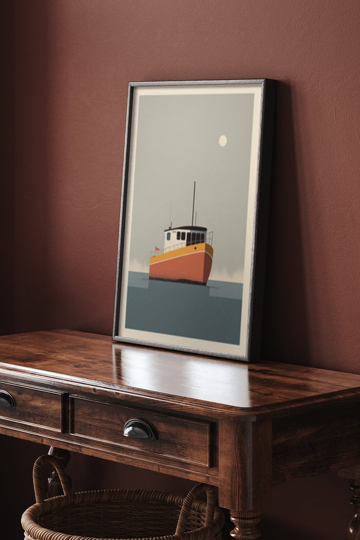 Minimalist vintage boat poster in stylish frame displayed on wooden console table