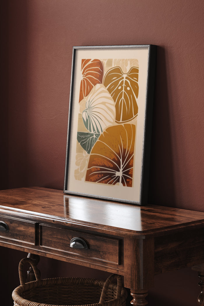 Vintage style framed botanical leaf artwork poster in interior setting